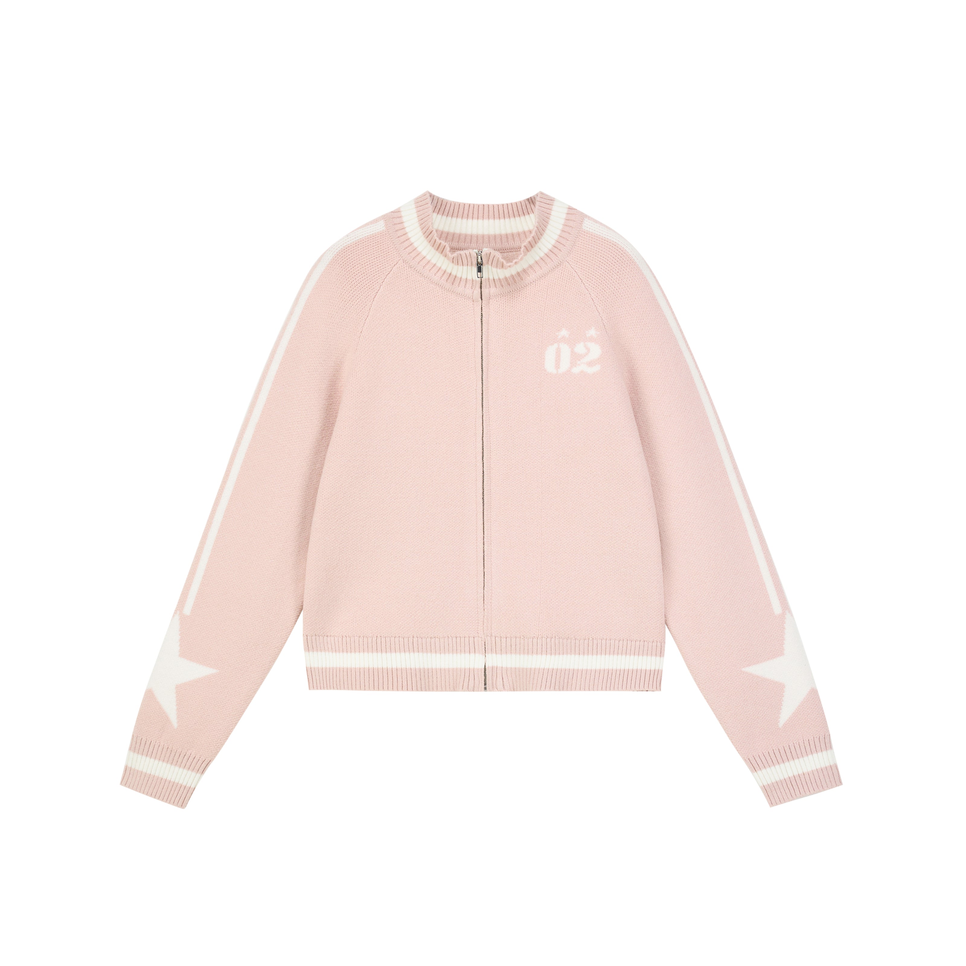 เสื้อแจ็คเก็ตถักซิปลายดาวสีชมพู