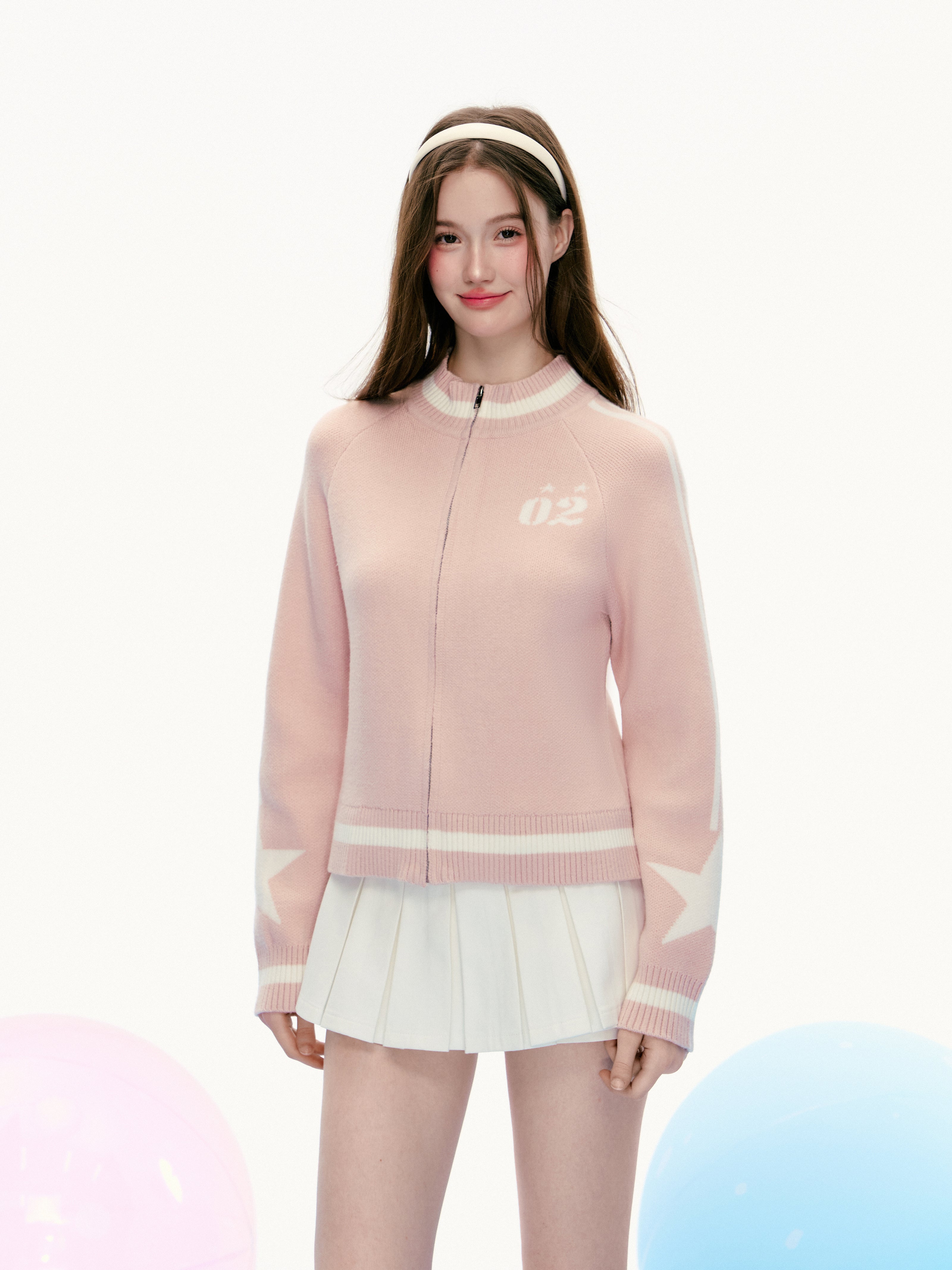 เสื้อแจ็คเก็ตถักซิปลายดาวสีชมพู