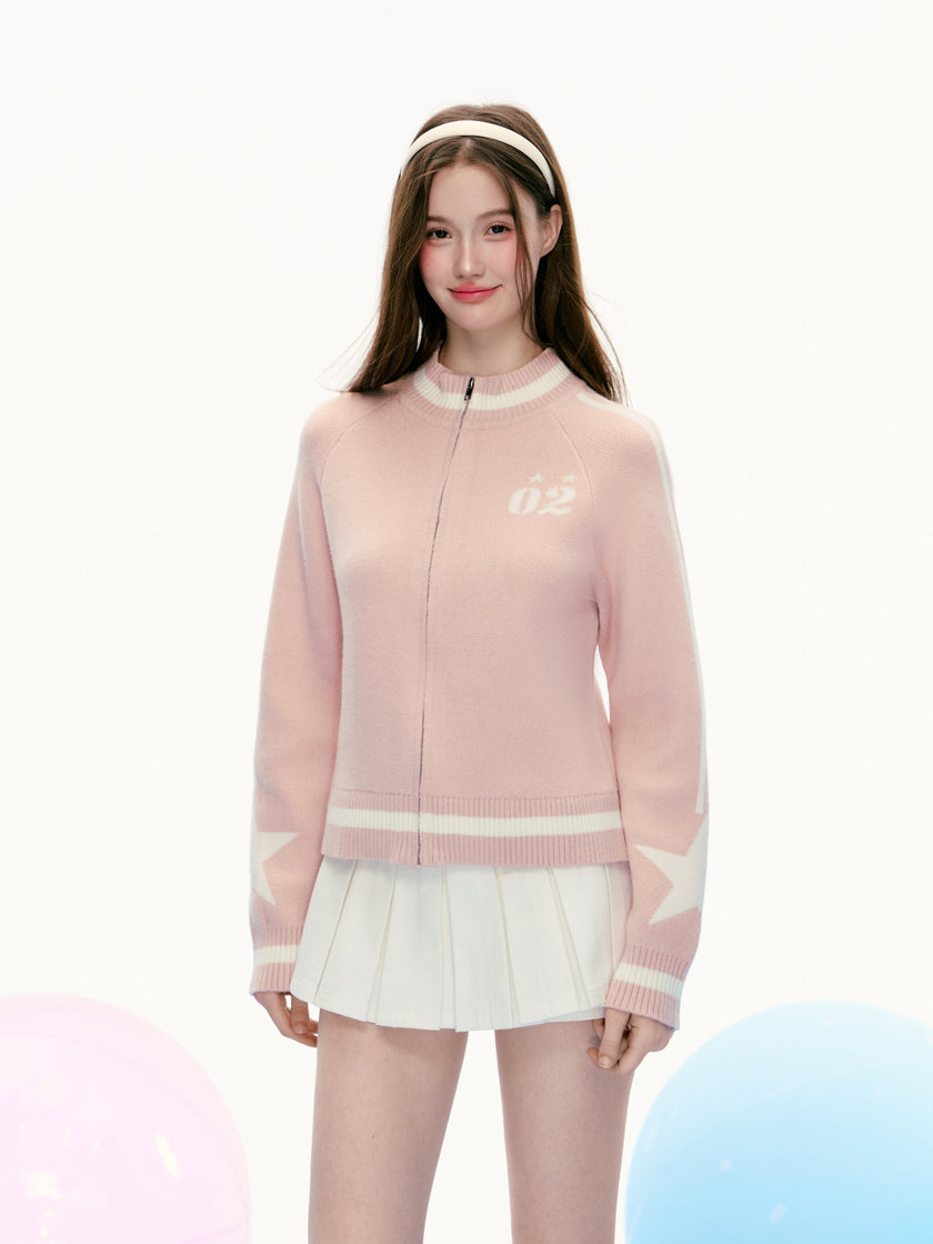 เสื้อแจ็คเก็ตถักซิปลายดาวสีชมพู