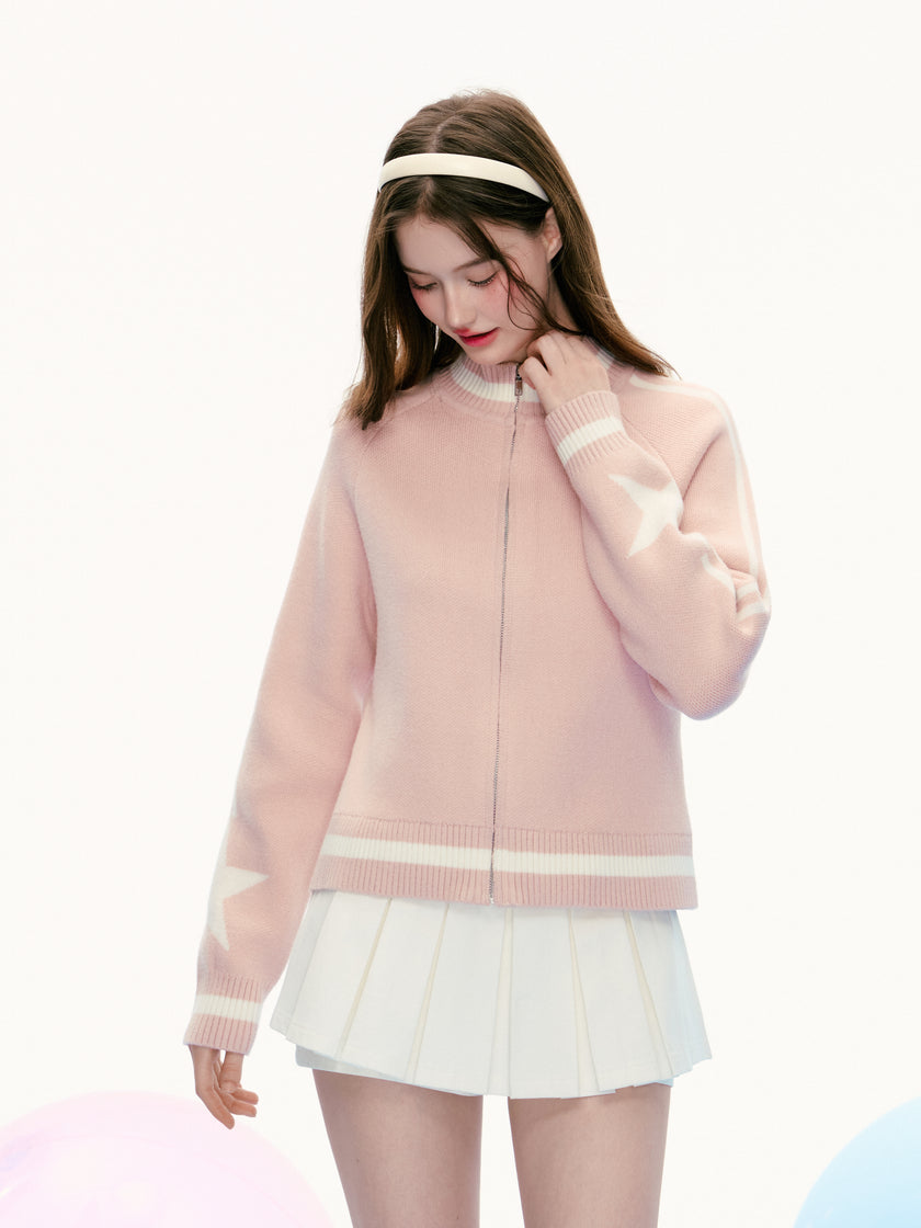 เสื้อแจ็คเก็ตถักซิปลายดาวสีชมพู