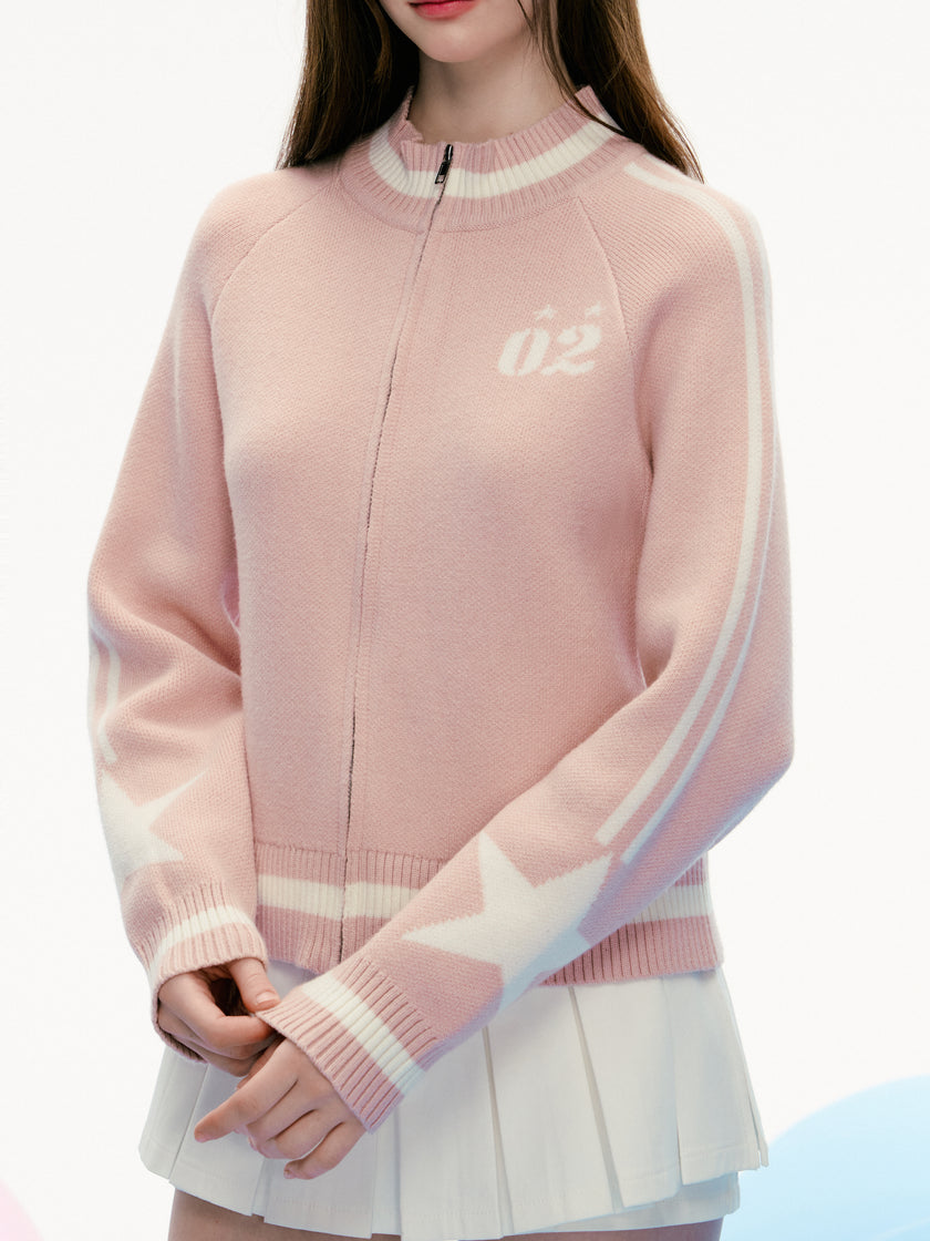 เสื้อแจ็คเก็ตถักซิปลายดาวสีชมพู