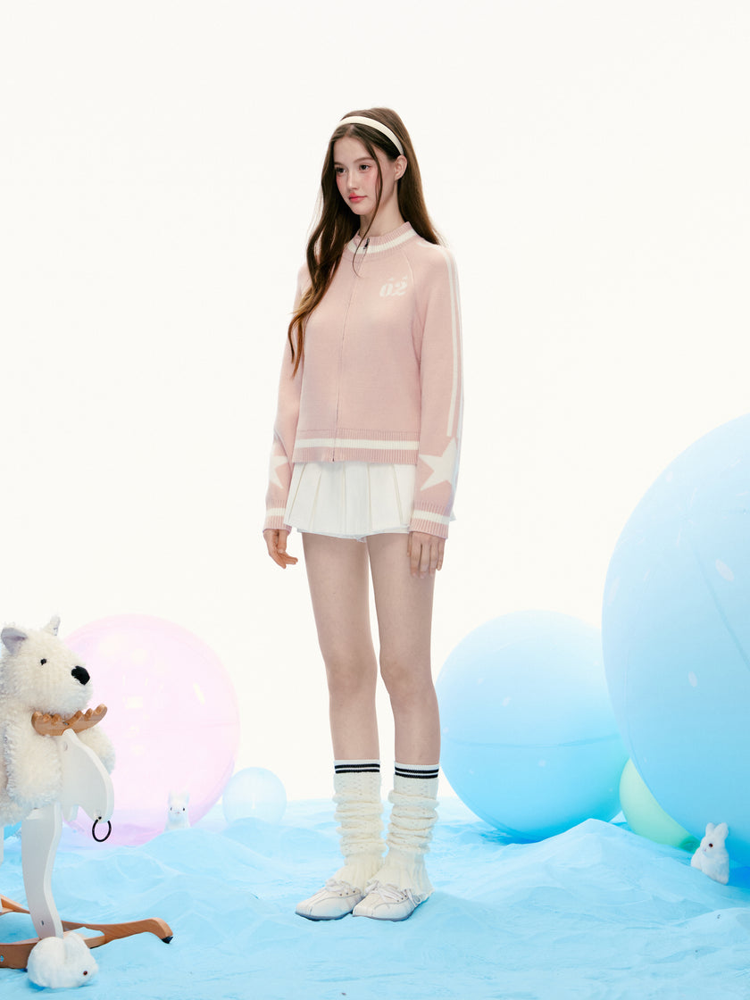เสื้อแจ็คเก็ตถักซิปลายดาวสีชมพู