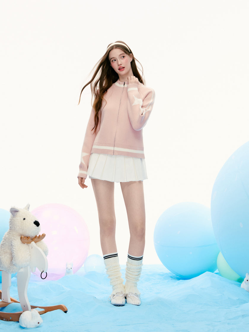 เสื้อแจ็คเก็ตถักซิปลายดาวสีชมพู