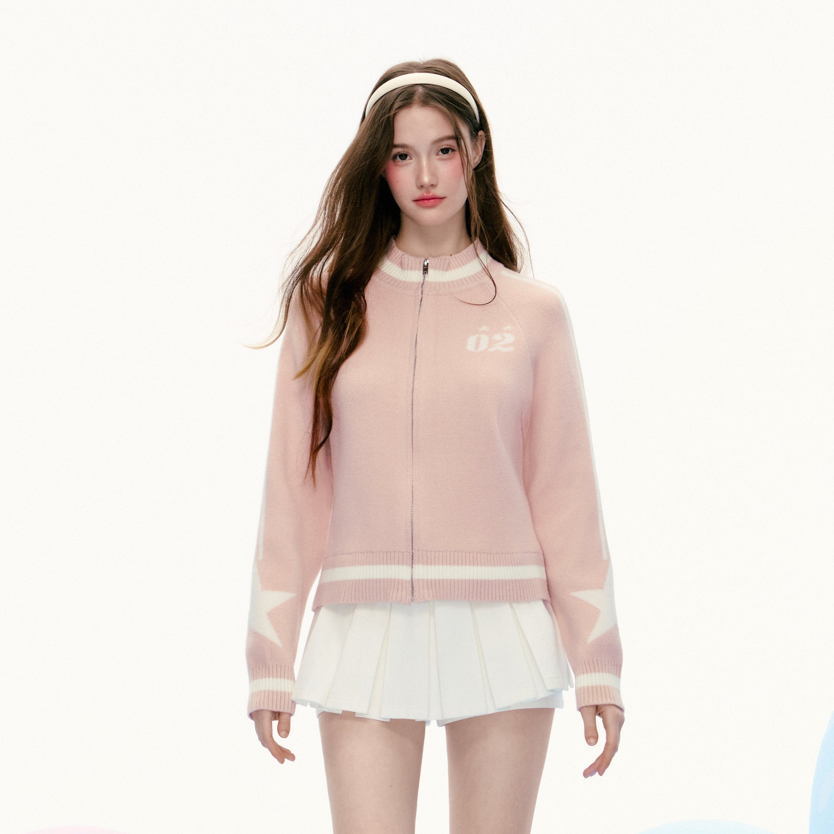 เสื้อแจ็คเก็ตถักซิปลายดาวสีชมพู