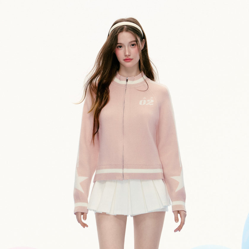 เสื้อแจ็คเก็ตถักซิปลายดาวสีชมพู
