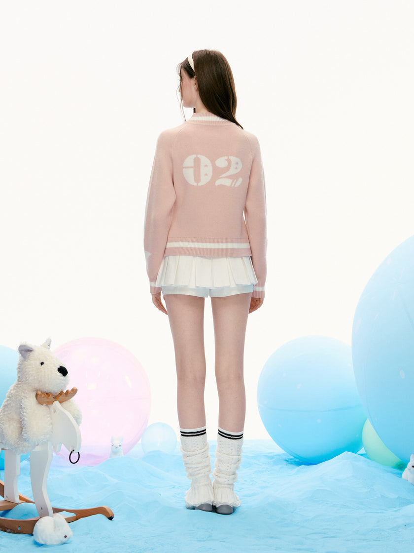 เสื้อแจ็คเก็ตถักซิปลายดาวสีชมพู