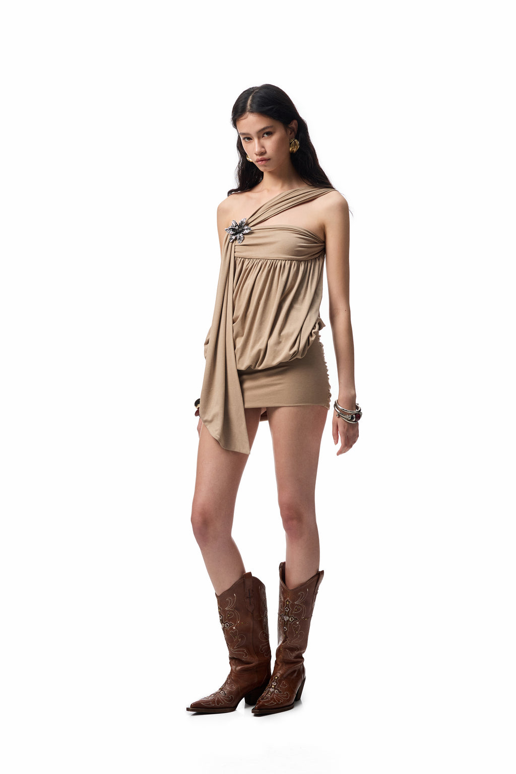 Metal Flower Pleated Strapless Mini Dress