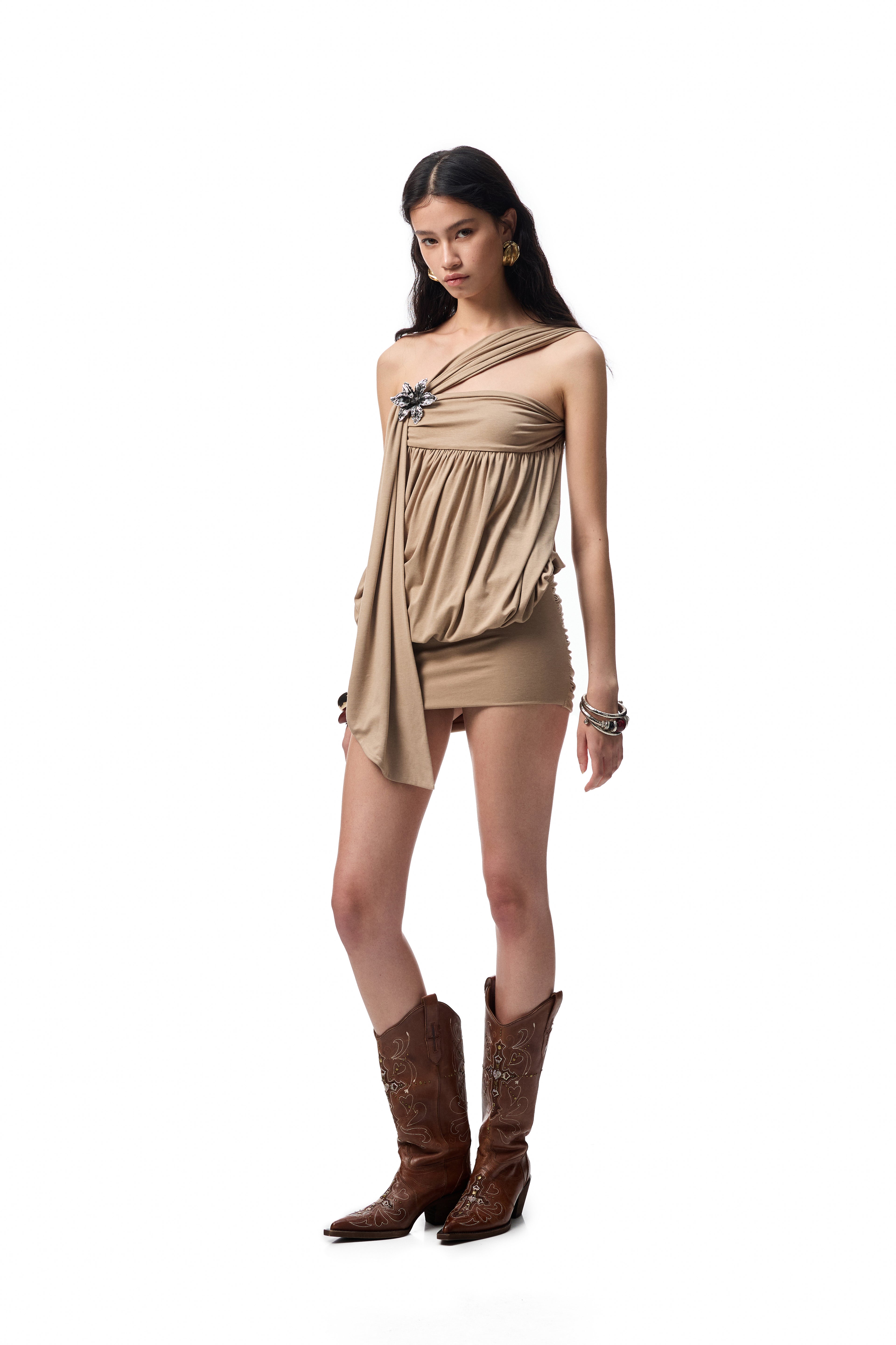 Metal Flower Pleated Strapless Mini Dress