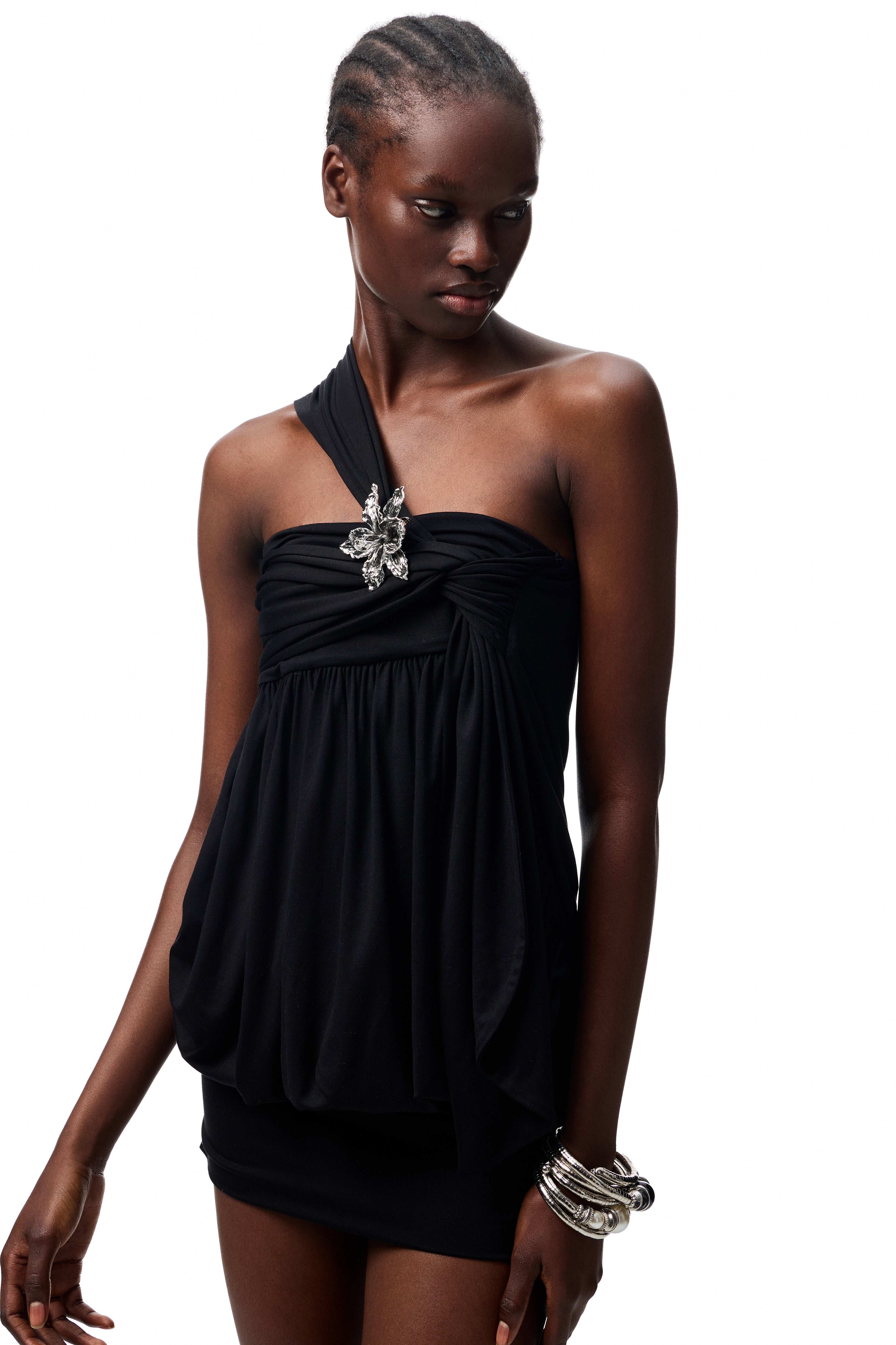 Metal Flower Pleated Strapless Mini Dress