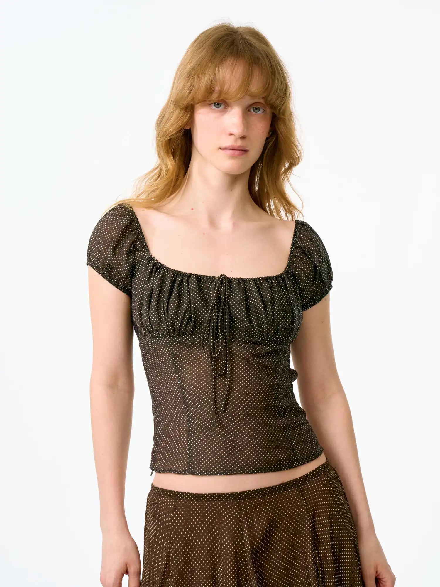 FirstFloor Ruched Bustier-Style Polka Dot Cropped Blouse | Canton Collective