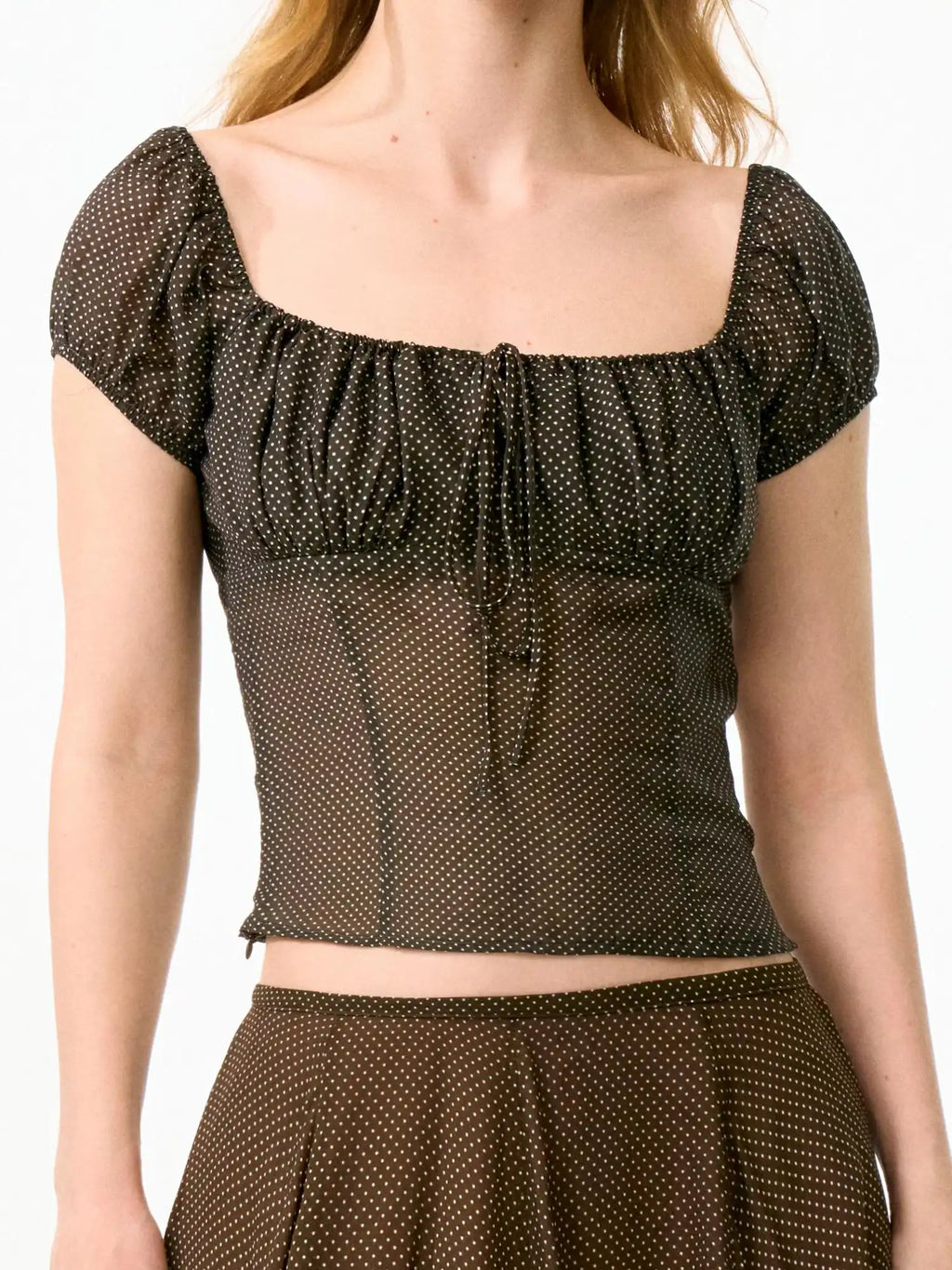 FirstFloor Ruched Bustier-Style Polka Dot Cropped Blouse | Canton Collective