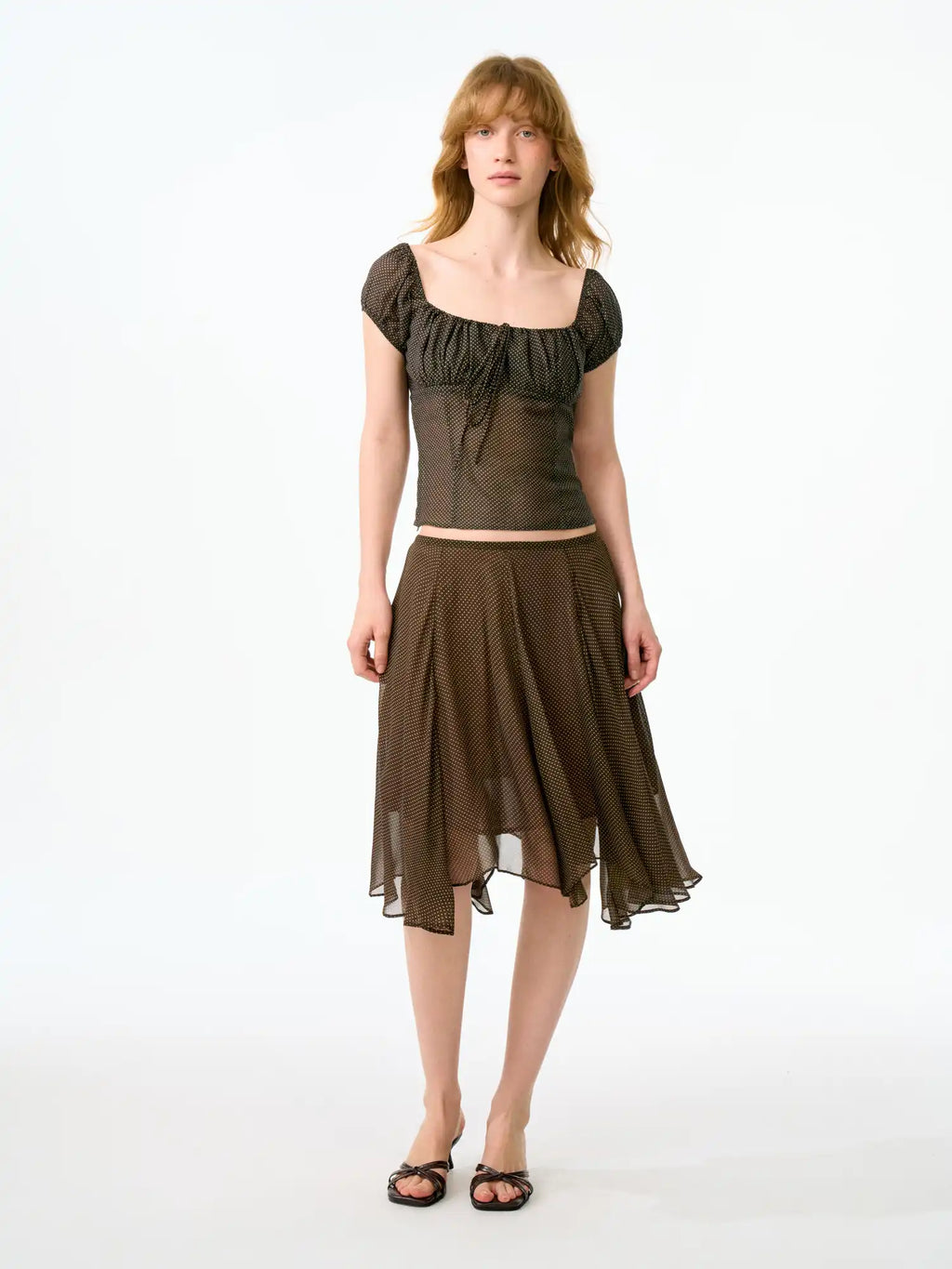 FirstFloor Ruched Bustier-Style Polka Dot Cropped Blouse | Canton Collective