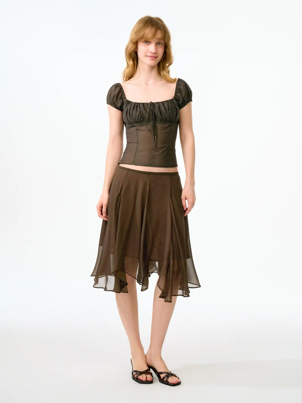 FirstFloor Ruched Bustier-Style Polka Dot Cropped Blouse | Canton Collective